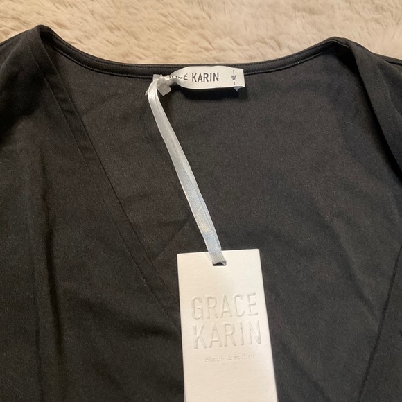 Grace Karin Blouse Size XL Black Wrap Flowy Sleeve V Neck Womens NWT - Picture 2 of 6